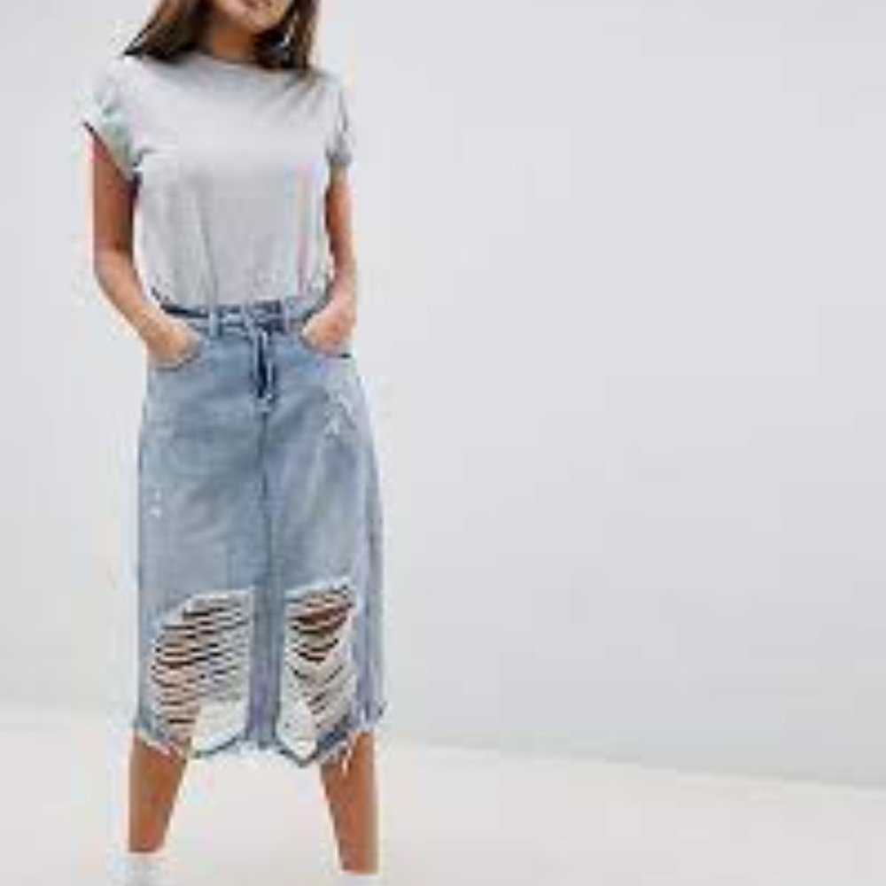 Noisy May Light Blue Distressed Midi Denim Skirt